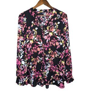 Simply Emma Vibrant Floral Button Down Shirt - Black, Pink, White